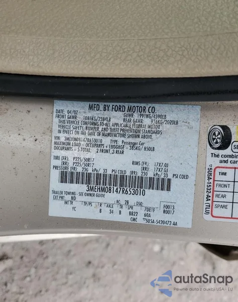 2007 Mercury Milan Premier from USA, damaged, VIN 3MEHM08147R653010